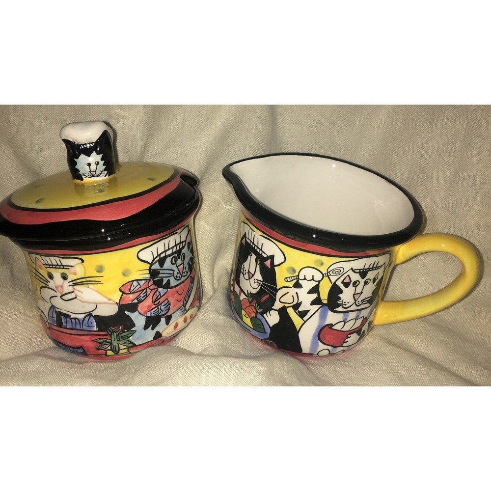 Vintage Catzilla Candice Reiter  Ceramic Cats Sugar Bowl and Creamer Set 2002